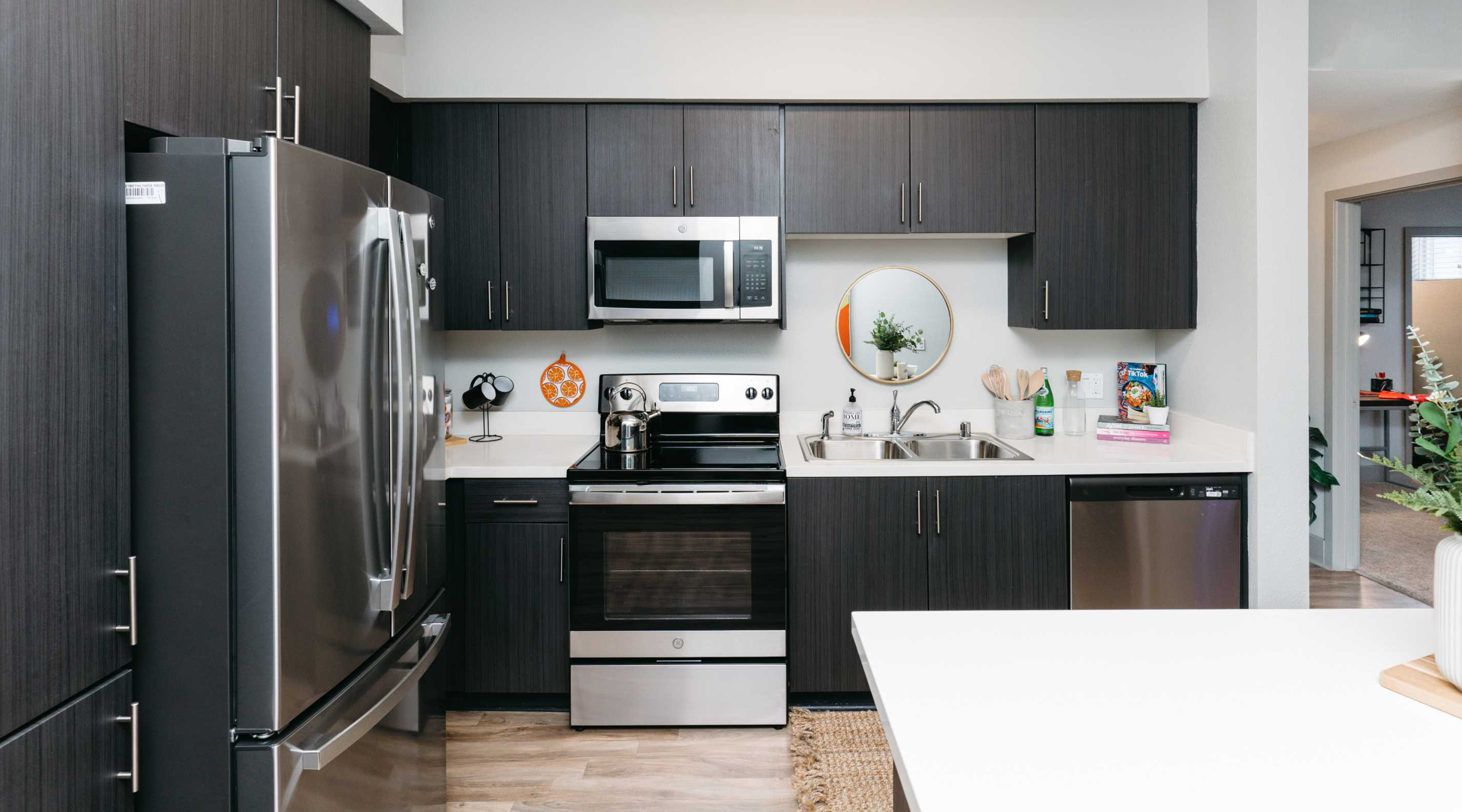 A kitchen with stainless-steel appliances